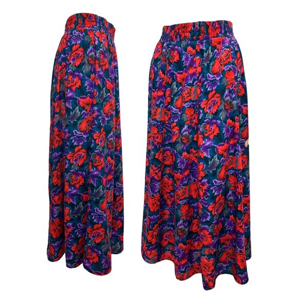 Vintage 80s Purple & Red Floral Rayon Midi Skirt | Full Skirt | Small - Picture 2 of 9